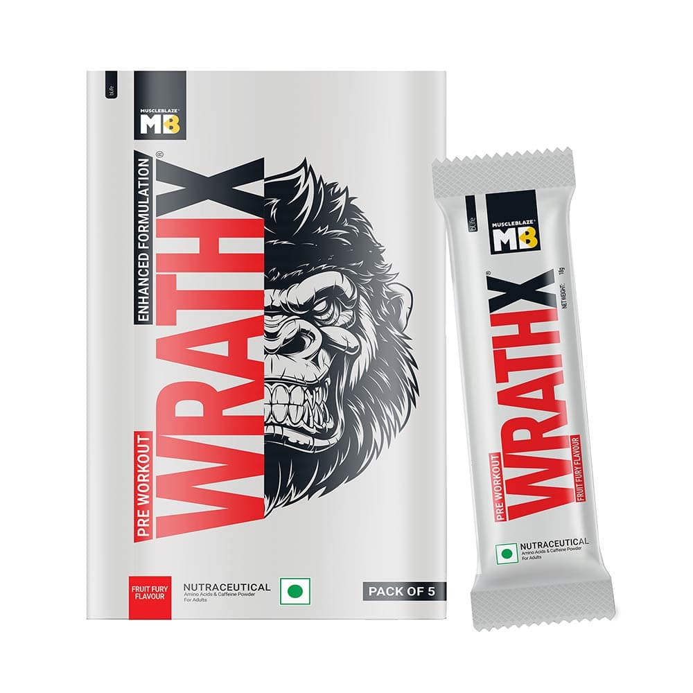 MuscleBlaze Pre Workout WrathX, 0.19 lb Fruit Fury (Mono Carton Pack of 5)